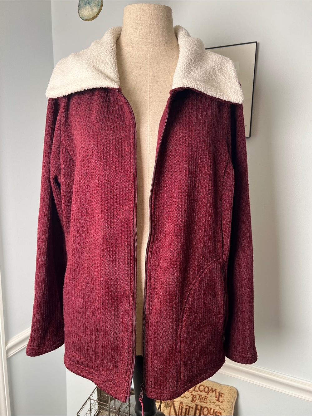 Talbots Burgundy Zip-Up Jacket with Cream Sherpa Collar Cozy and soft. Size 1X